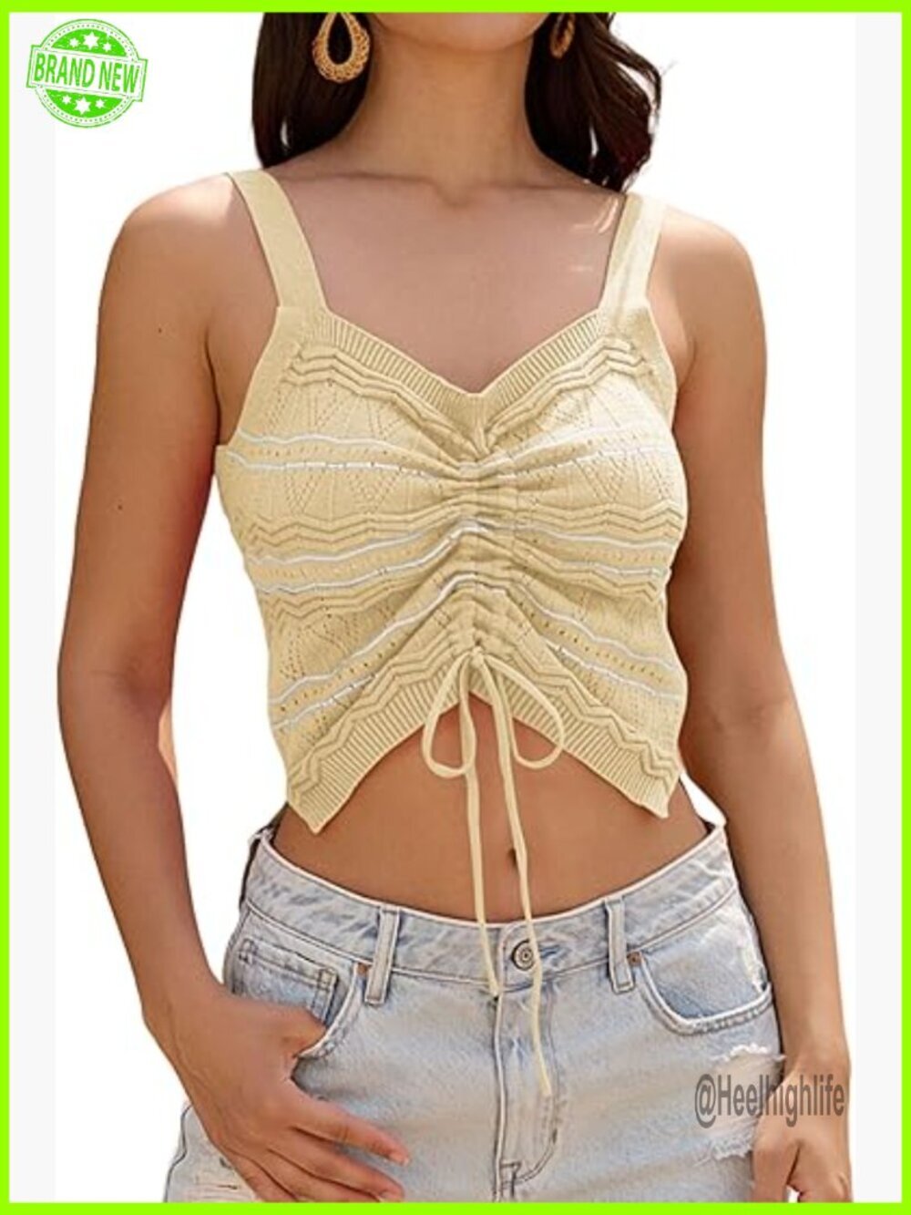 Striped Knit Crop Tank Top with Drawstring Front and Hollow Out Design